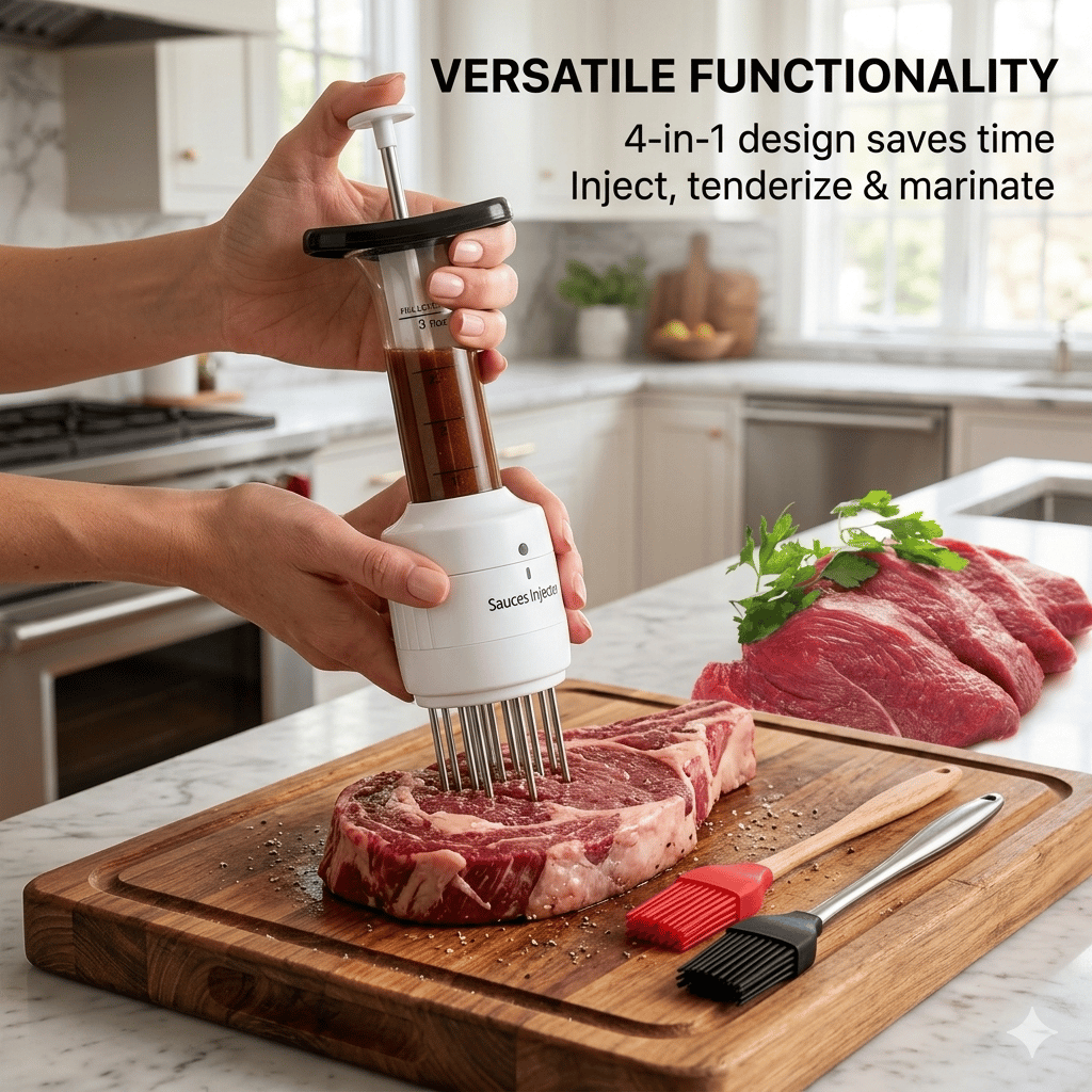 4-in-1 Meat Tenderizer and Marinade Injector Tool with Needle for Steak, Poultry, and Roasts