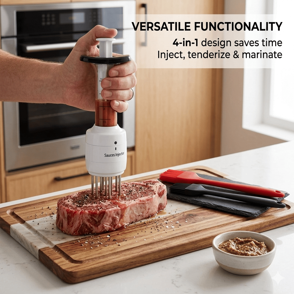 4-in-1 Meat Tenderizer and Marinade Injector Tool with Needle for Steak, Poultry, and Roasts